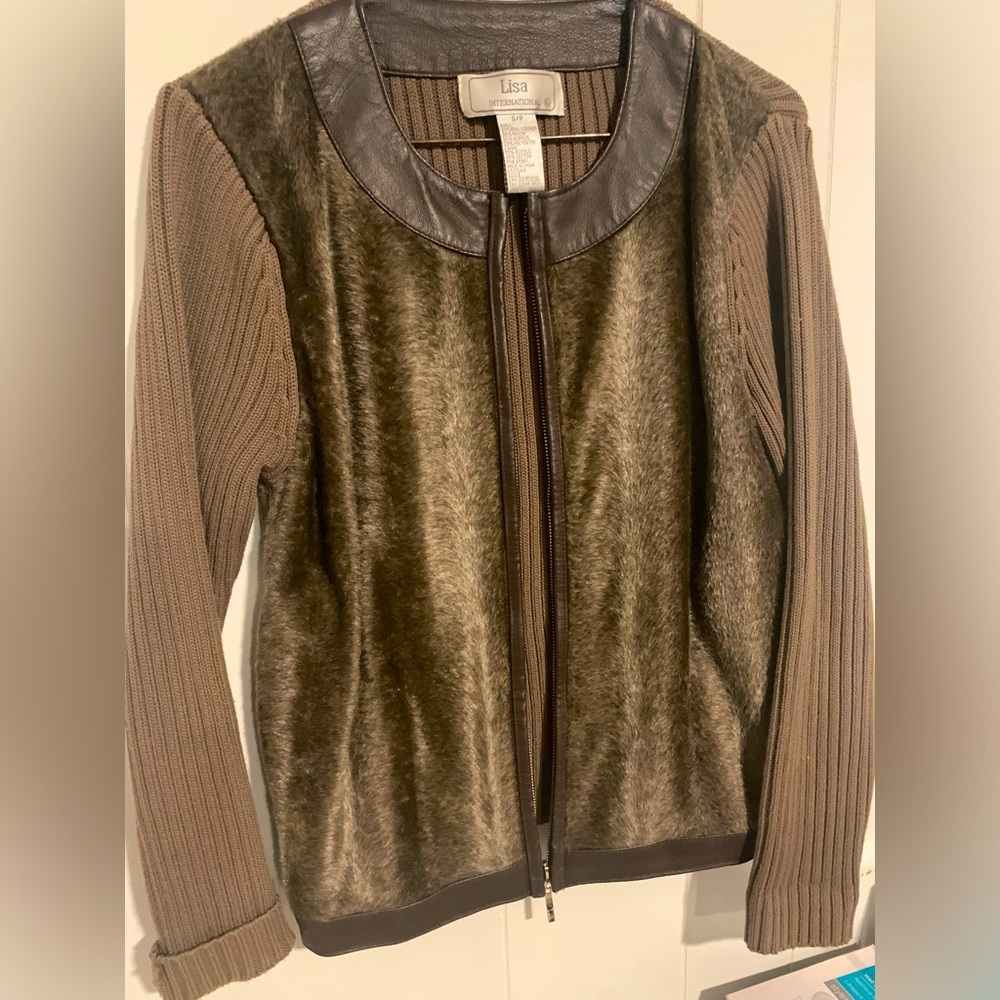 Lisa International  leather trim sweater jacket